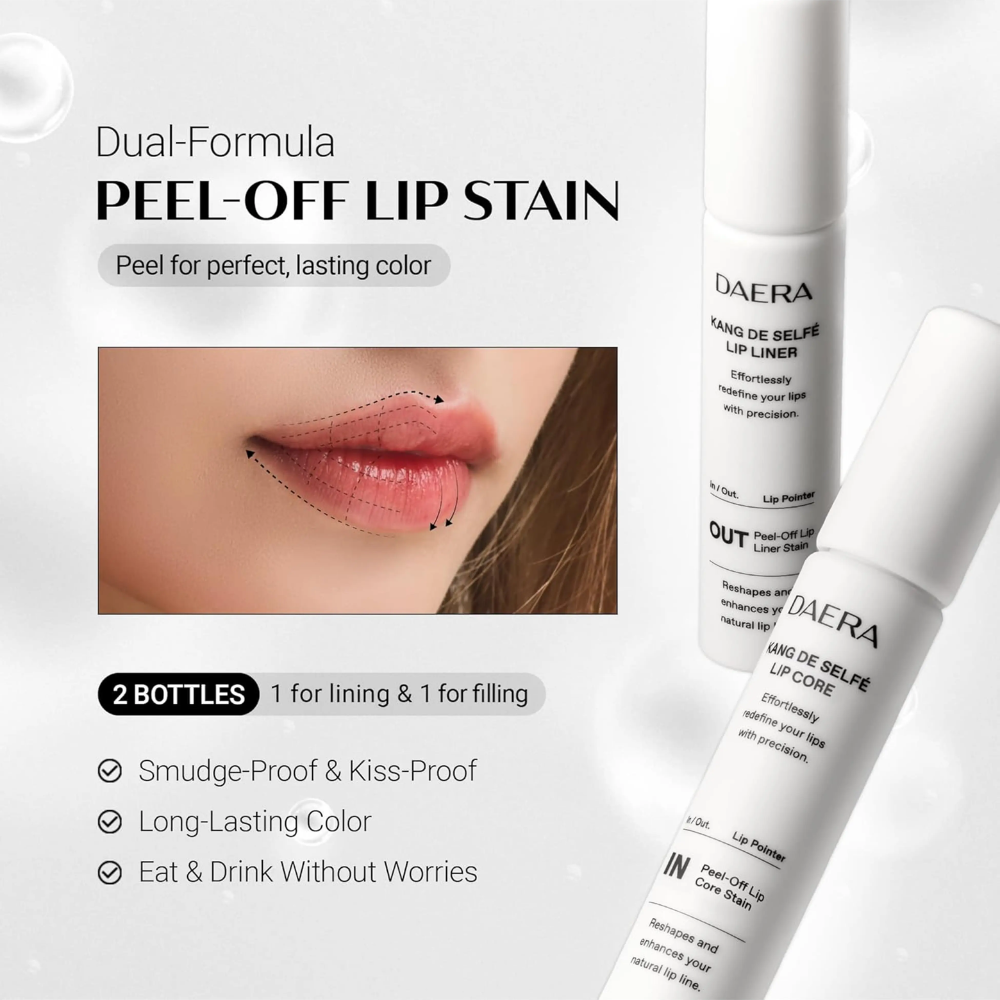 DAERA KANG DE SELFE Lip Set – Peel-Off Lip Liner & Lip Stain, Cool Cherry