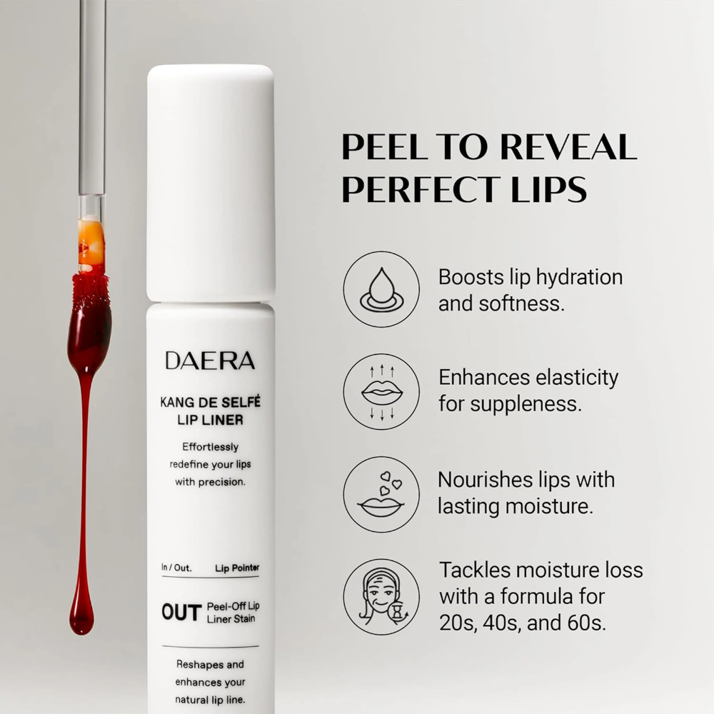 DAERA KANG DE SELFE Lip Set – Peel-Off Lip Liner & Lip Stain, Cool Cherry